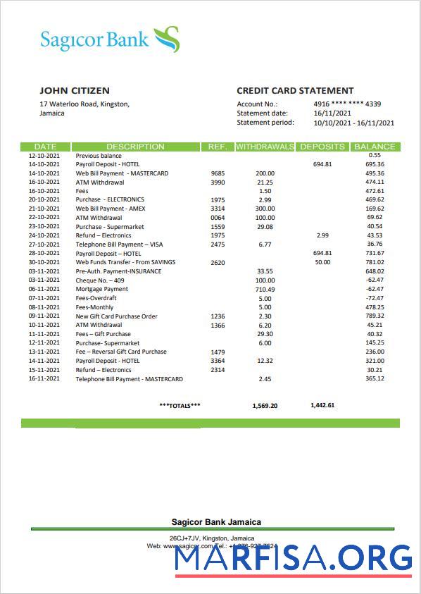 Downloadable Jamaica Sagicor bank statement word download for verification